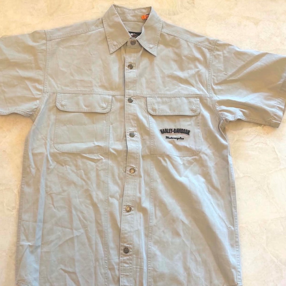 Harley-Davidson Mens Short Sleeve Button Down Shirt Khaki Tan Cotton Small